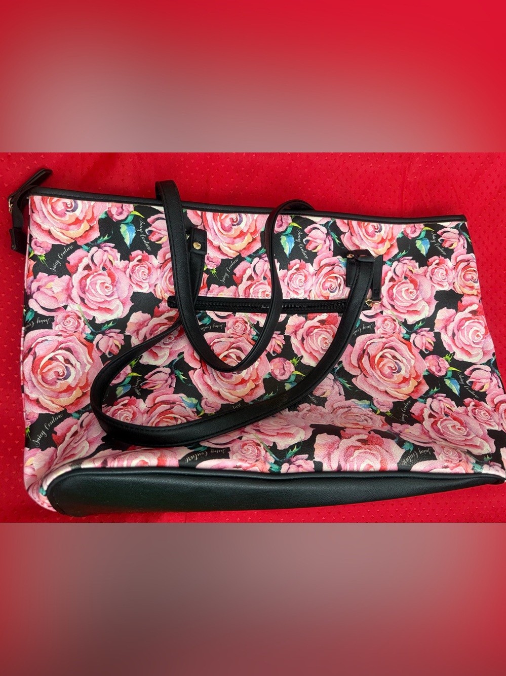 Juicy Couture Pink Rose Floral Tote Bag Large Shoulder Handbag Black Trim - Picture 3 of 5